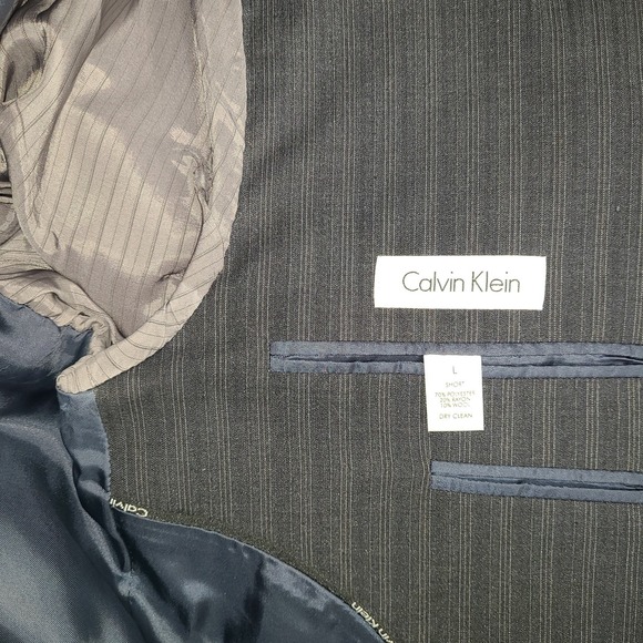 Calvin Klein Mens L Short Pinstripe Suit Jacket Blazer Black Gray Two-Button - Picture 5 of 5